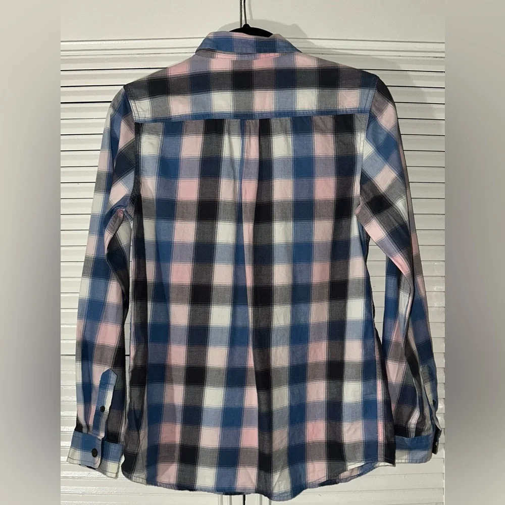 Cat & Jack Boys Pink Blue Plaid Long Sleeve Button Up‎ Shirt Size XL (16) *FLAW*